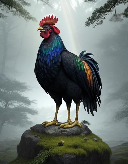 Majestic Golden Rooster in Enchanted Forest