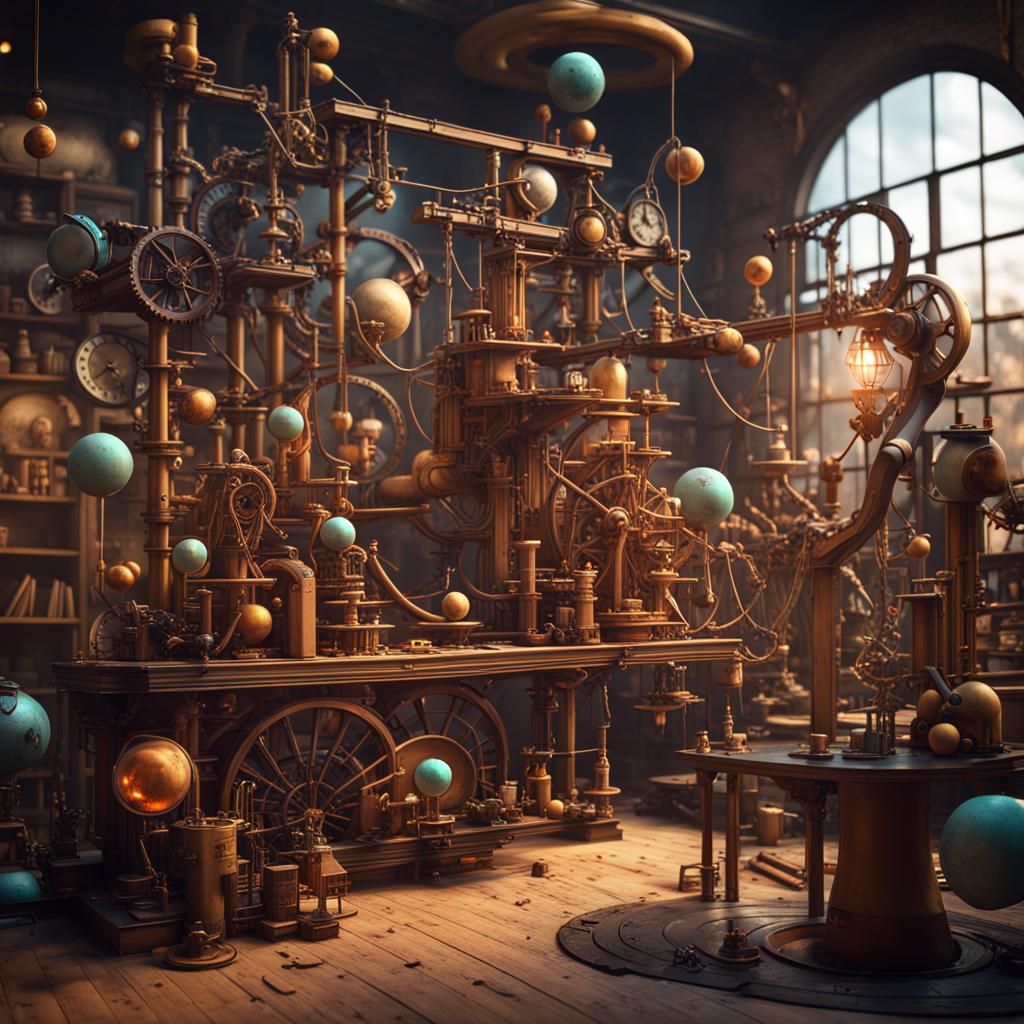 Surreal Rube Goldberg Machine of Life: 3D Render