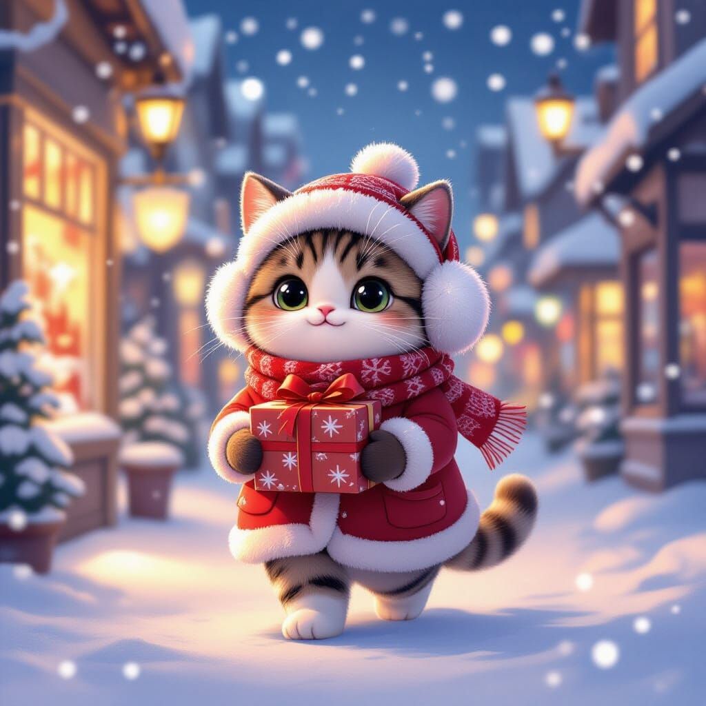 Pusheen Cat in Snowy Town on Christmas Eve