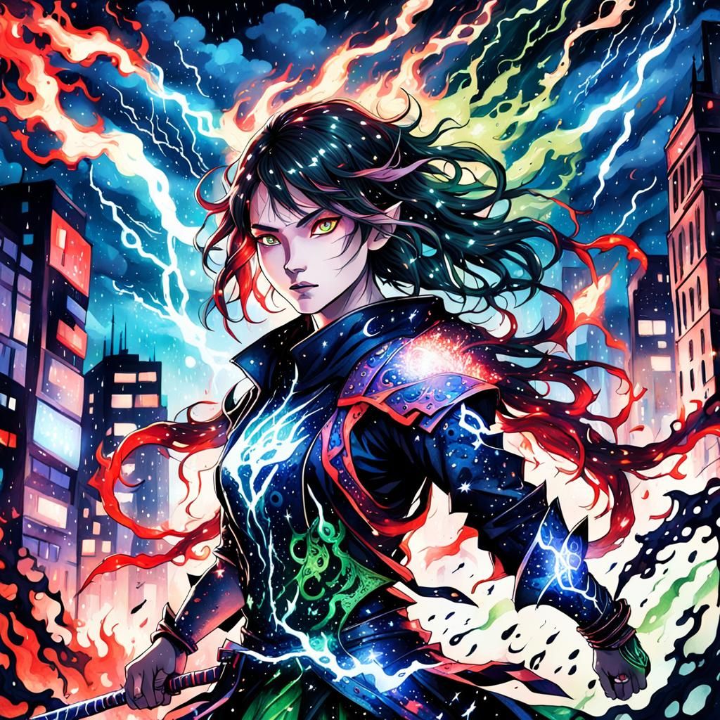 Dark Fantasy Anime Woman Fighter in Neon Cityscape