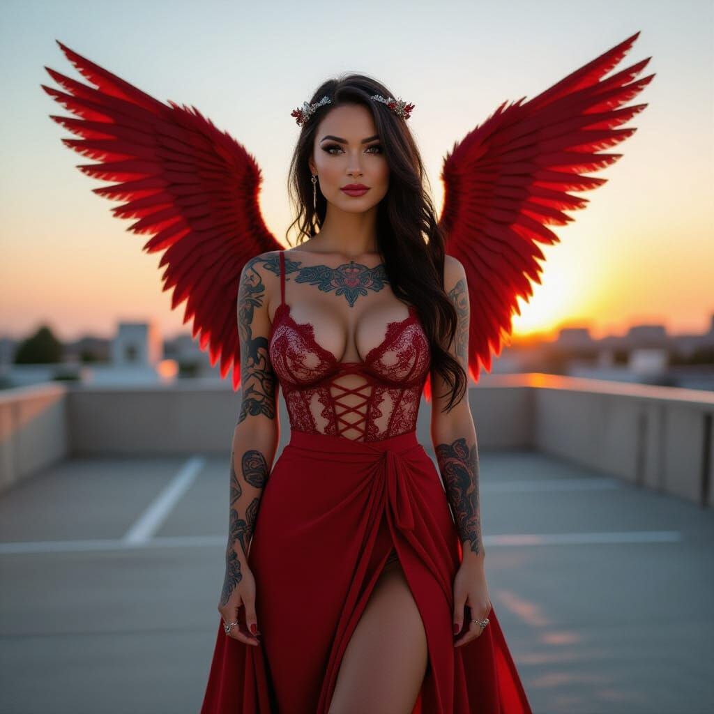 Tattooed Angel with Wings in Valentine's Style