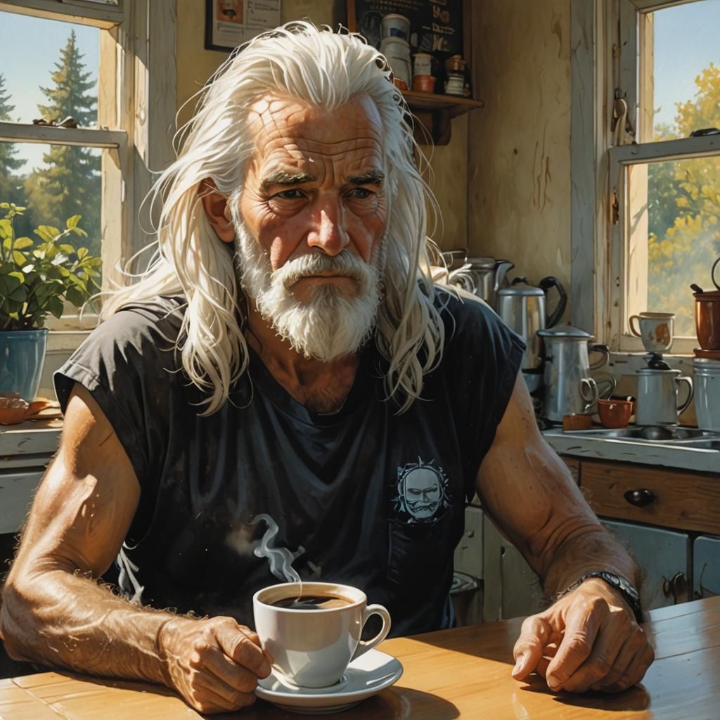 Morning Portrait of Man with Coffee in Comic Art