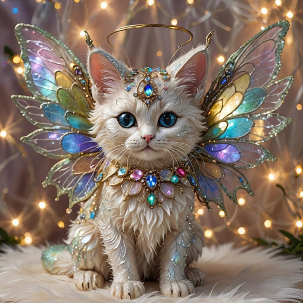 Fairy Kitten with Iridescent Wings and Jewels