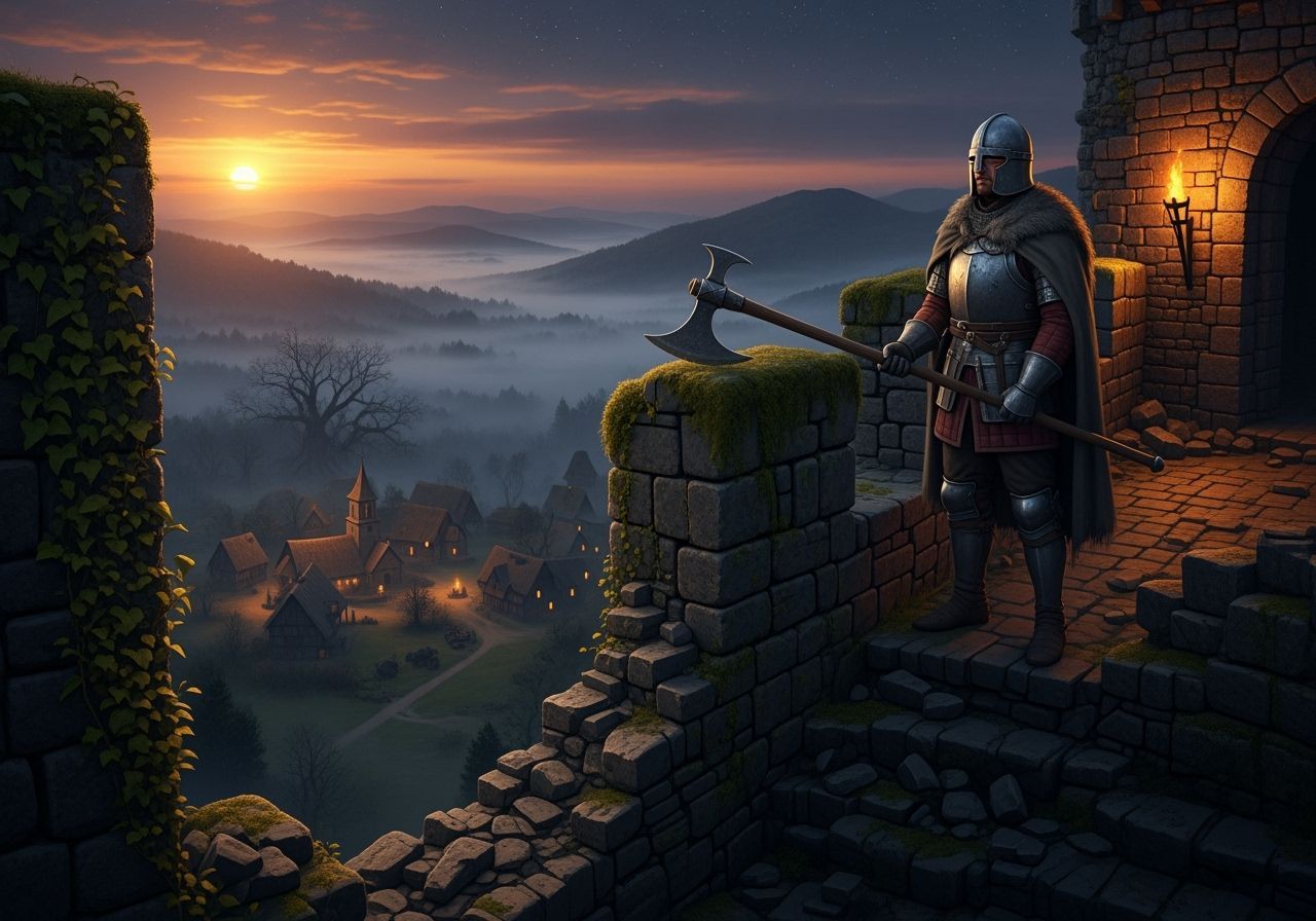 Medieval Soldier Guarding Castle at Sunset