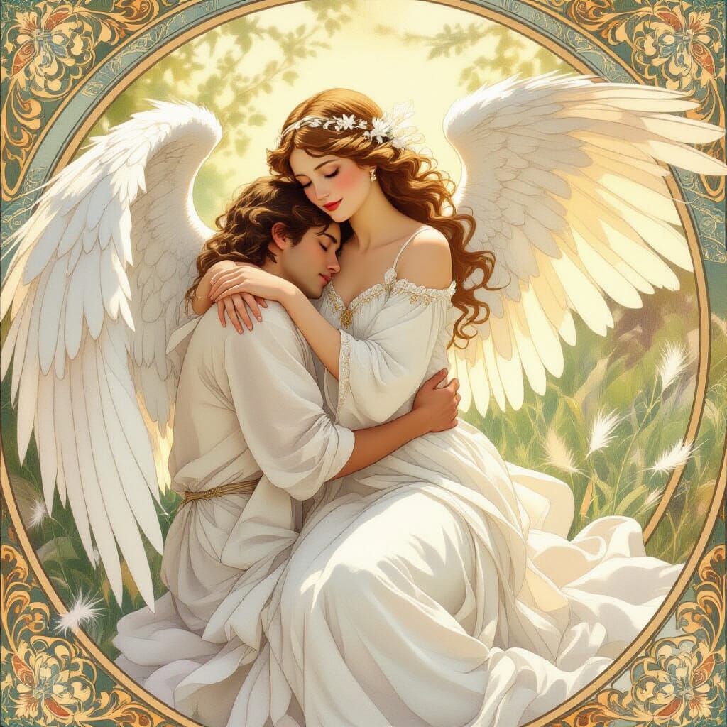Angelic Embrace in Flowing Watercolor Style