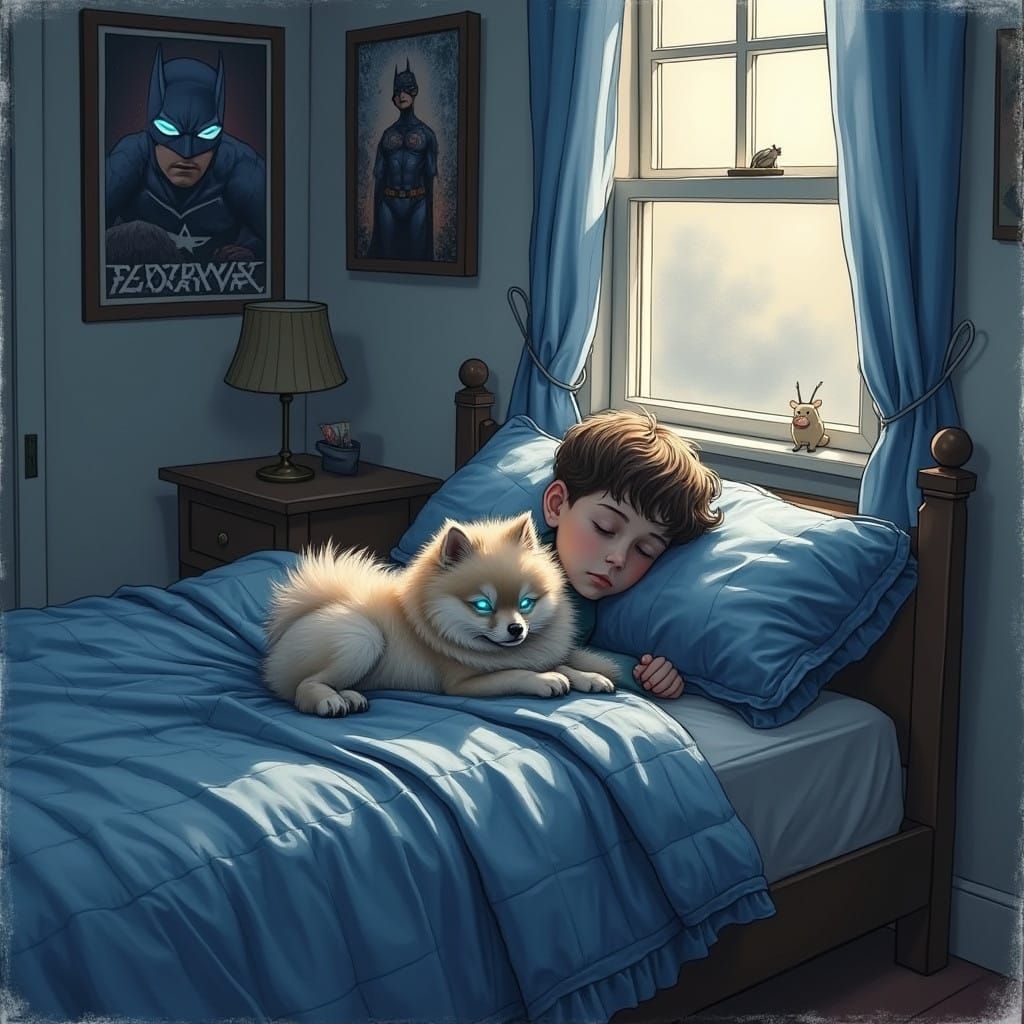 Peaceful Slumber Guardianship in Softly Lit Bedroom