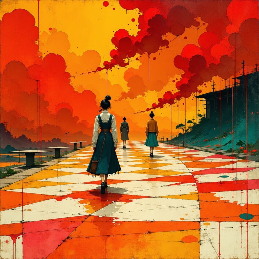 Checkerboard Sidewalk Art Illustration with Red Smoke
