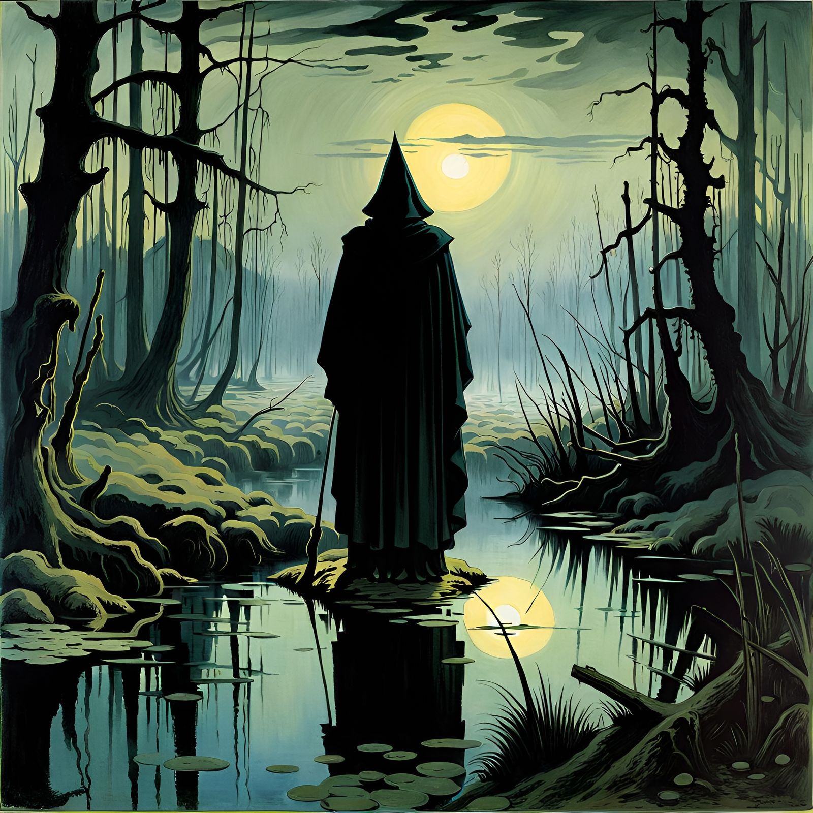 Eerie Hooded Figure in Misty Swamp Landscape