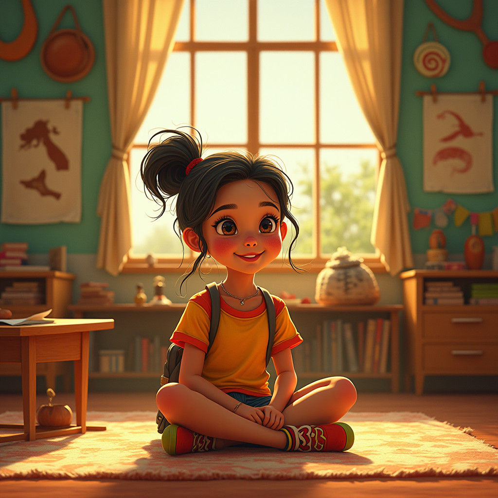 Maya in a Sun-Drenched Classroom, Whimsical Illustration