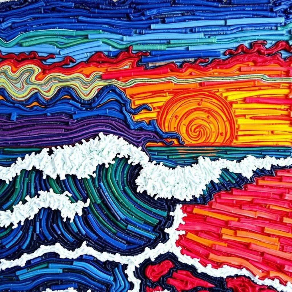 Ocean Sunset Crayon Art: Vivid, Flowing Scene