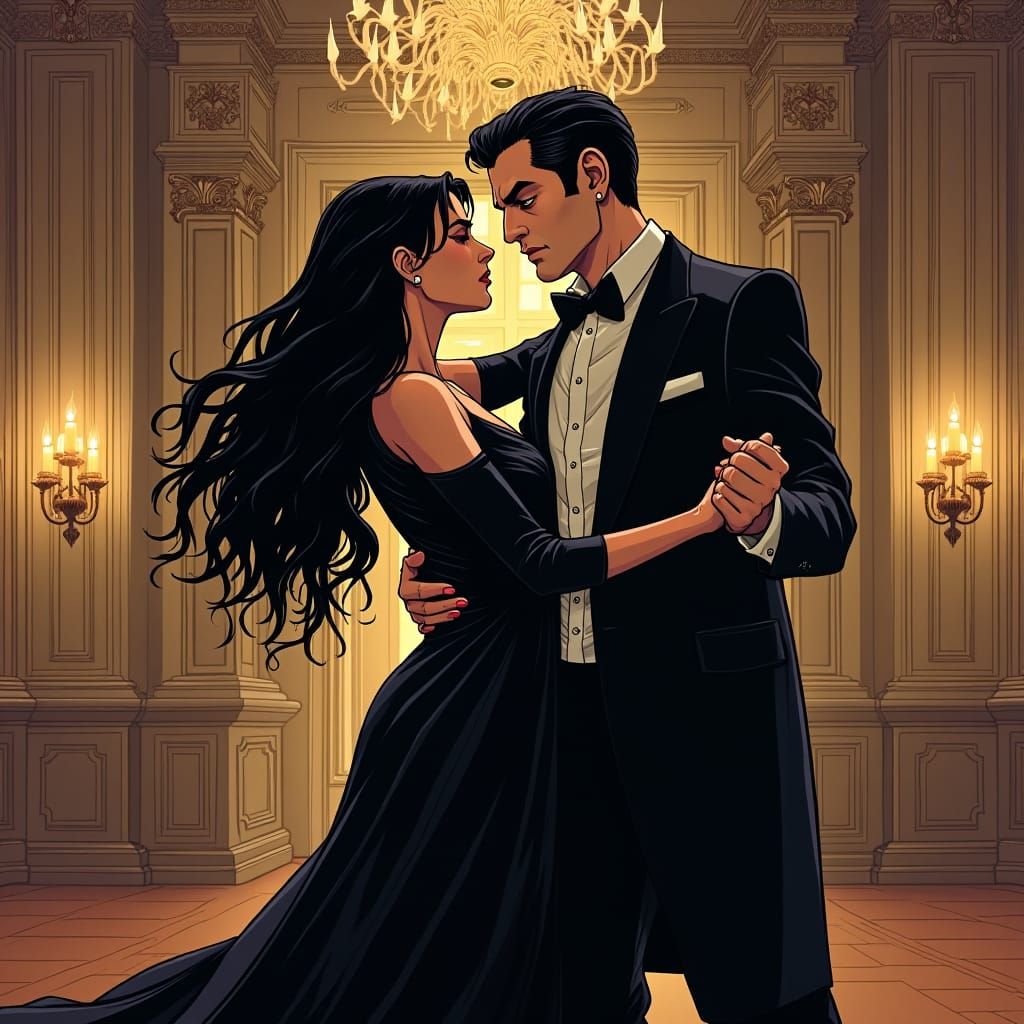 Victorian Vampire Ballroom Dance in Comic Book Style