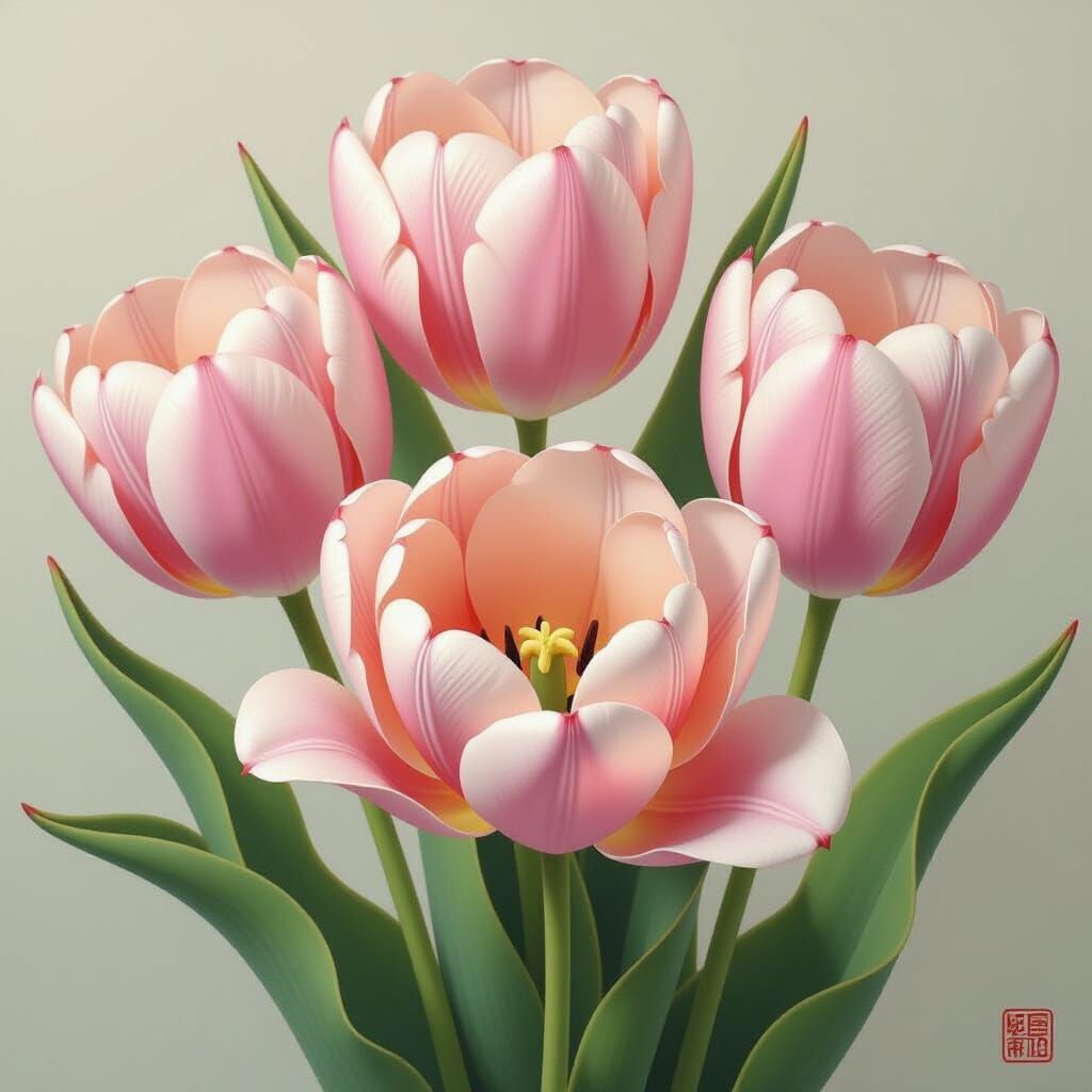 Hyperrealistic Tulips with Japanese Anime and Woodblock Prin...