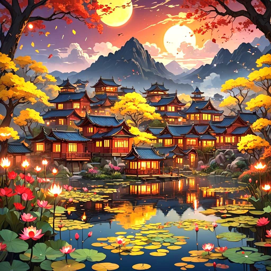 Village Sunrise: A Fantastical Detailed Matte Painting