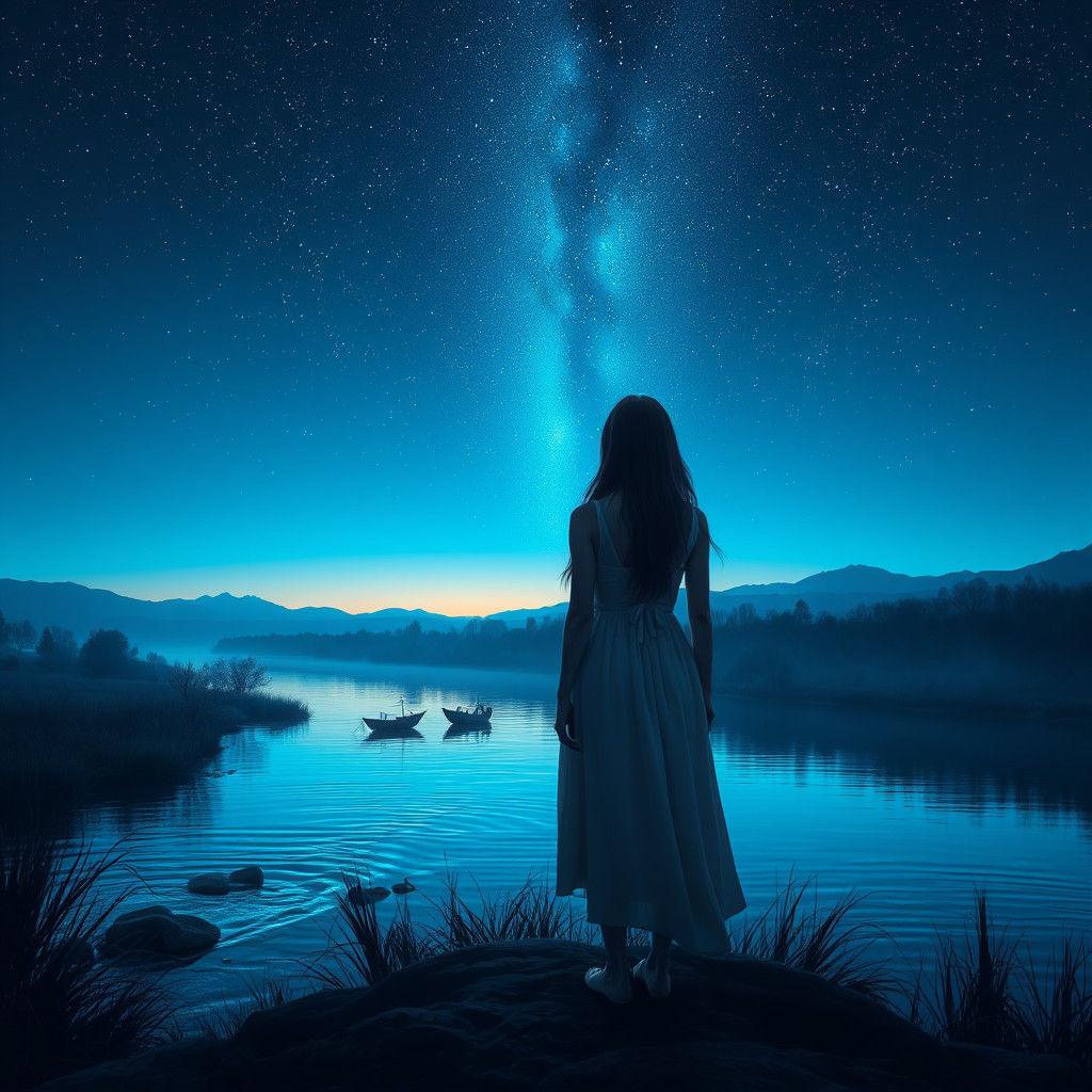 Serene Woman Gazing at River Evening