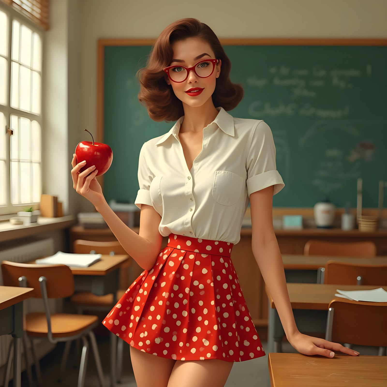 Alluring 1950s Teacher in Red Polka Dot Miniskirt Poses with...