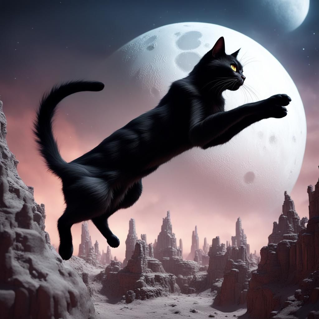 Black Cat's Lunar Leap: Detailed Matte Painting