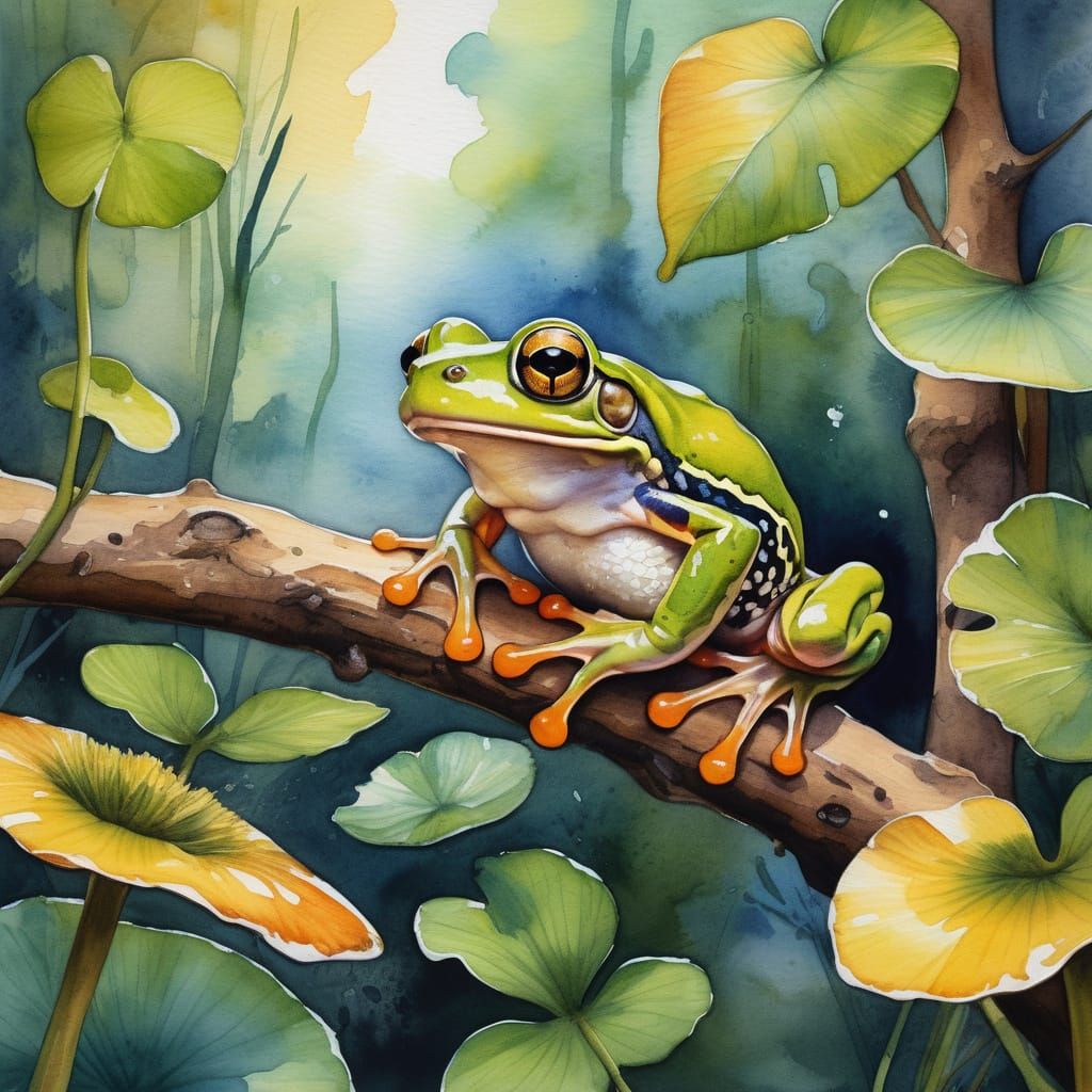 Vibrant Jungle Frog in Golden Hour Watercolor