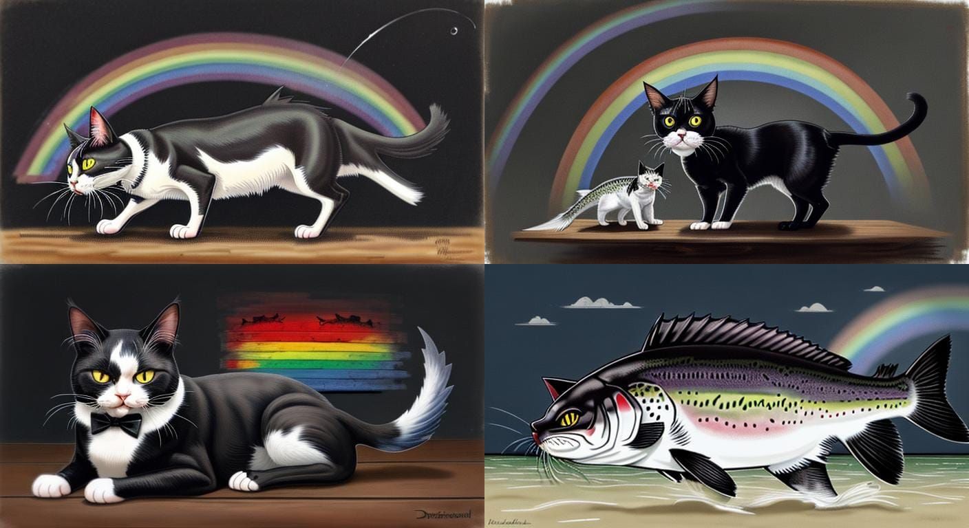 Encaustic Tuxedo Cat Fishing for Trout