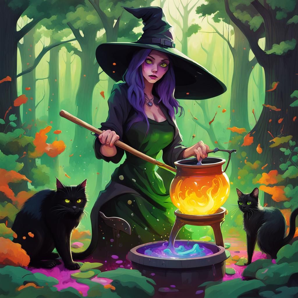 Witch's Cauldron Scene in Graffiti Art Style