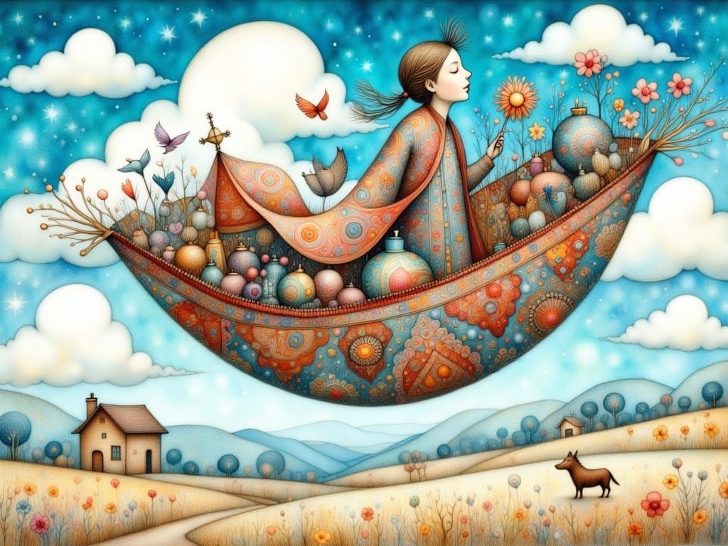 Vibrant Flying Carpet in Whimsical Folk-Art Style