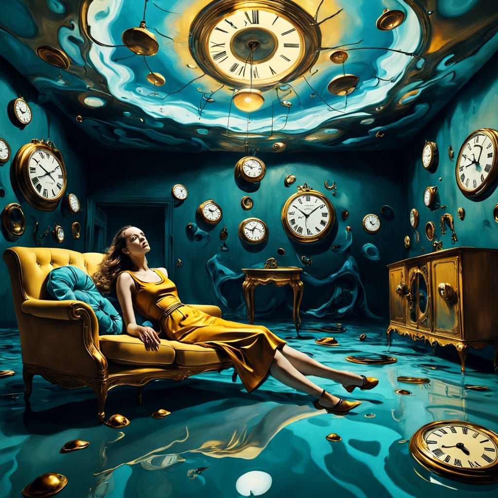 Surreal Dreamlike Scene with Melting Clocks and Distorted Fu...