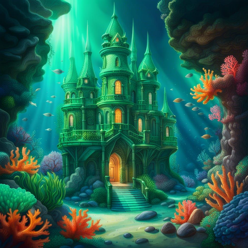 Emerald Glass Castle Underwater: Fantasy Concept Art