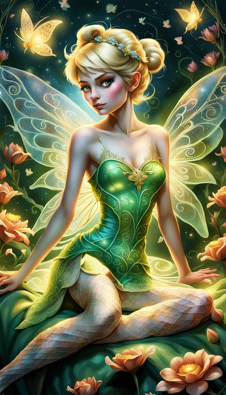 Tinkerbell Reclining in Flowers: Digital Art