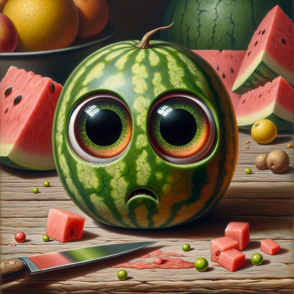 Horrified Watermelon Witnessing Fruit Carnage in Hyperrealis...