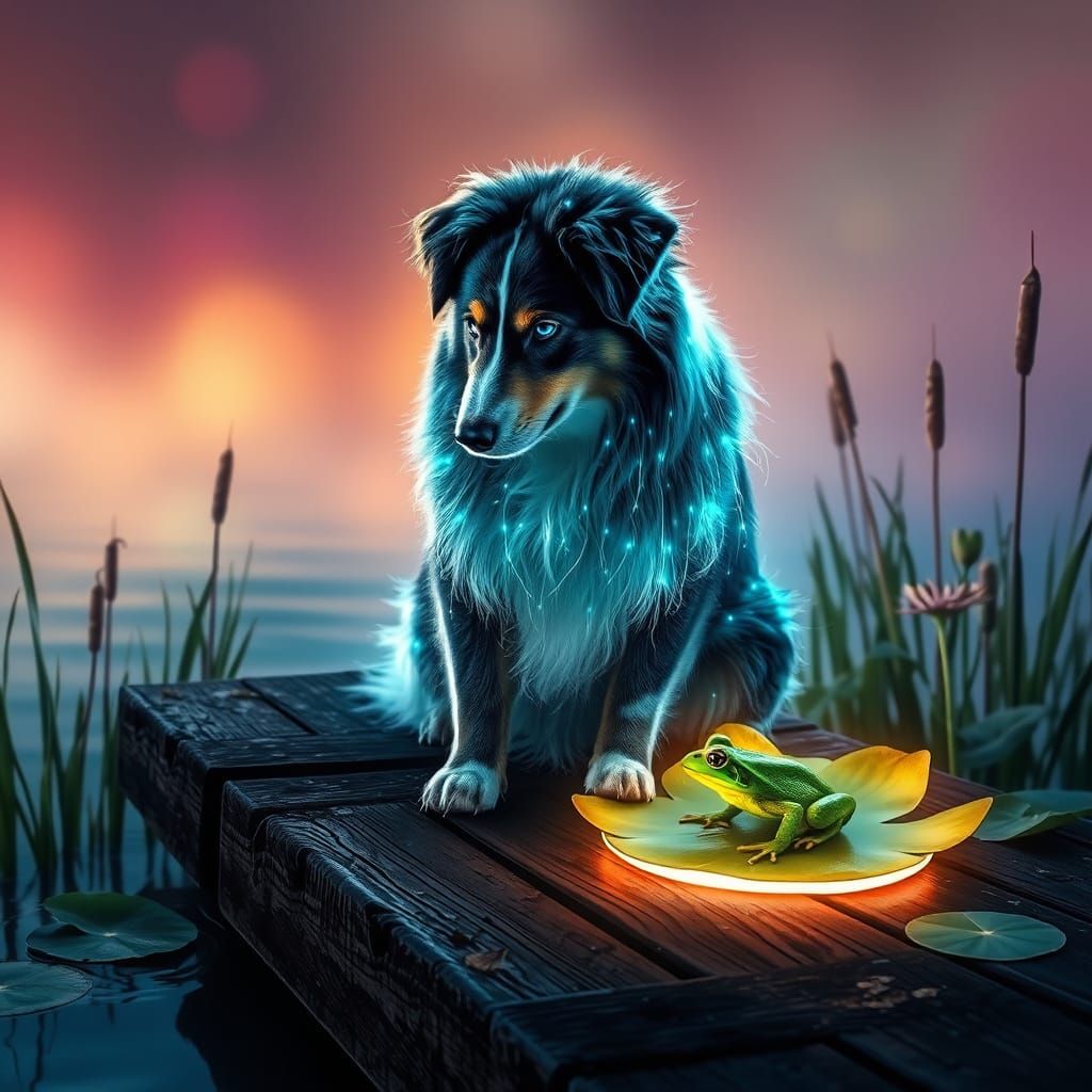 Australian Shepherd on Weathered Dock with Glowing Coat and ...