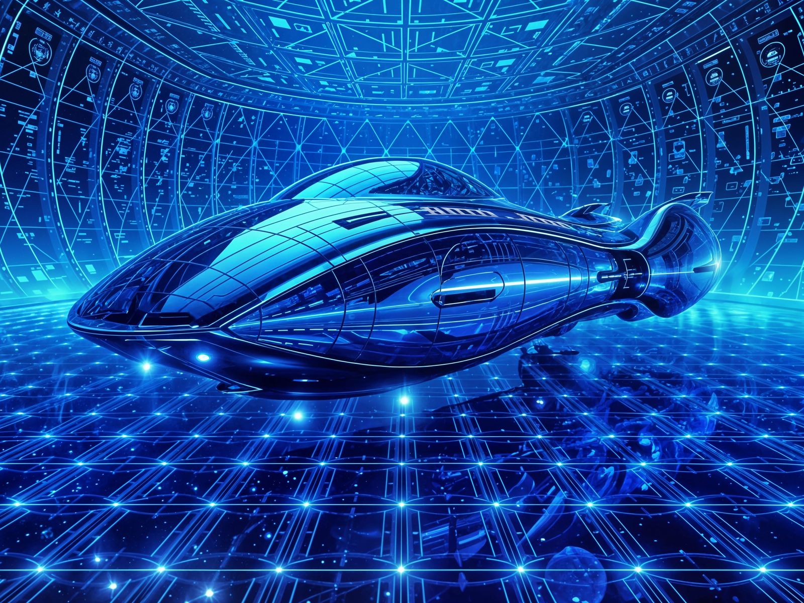 Blue Chrome Spaceship in Holographic Sci-Fi World