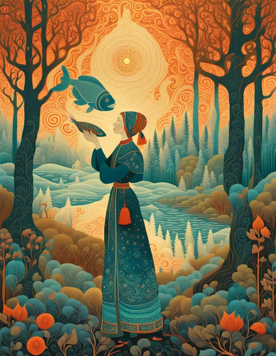 Russian Folk Art: Woman with Fish in Forest