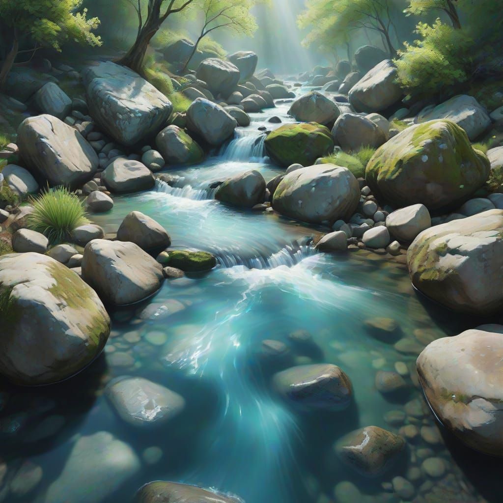 Ethereal Spring Flowing Over Rocks in Digital Painting