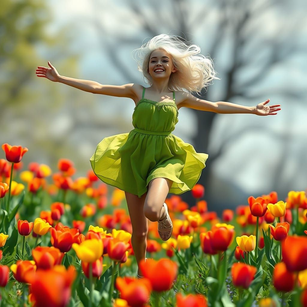 Whimsical Woman Runs Through Vibrant Tulip Field in Unreal E...