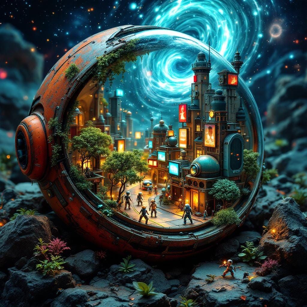 Miniature City Inside Helmet with Tiny Robots