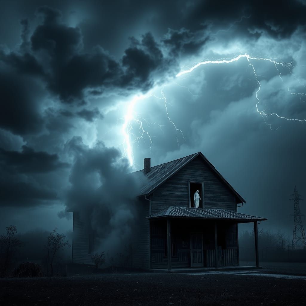 an old farmhouse with a ghost standing in an upstairs window...