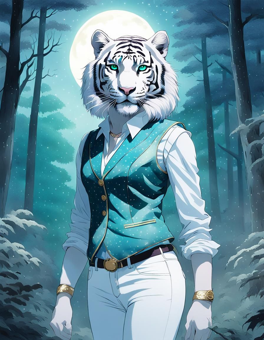 Anthro White Tiger in Moonlit Forest, Manga Style