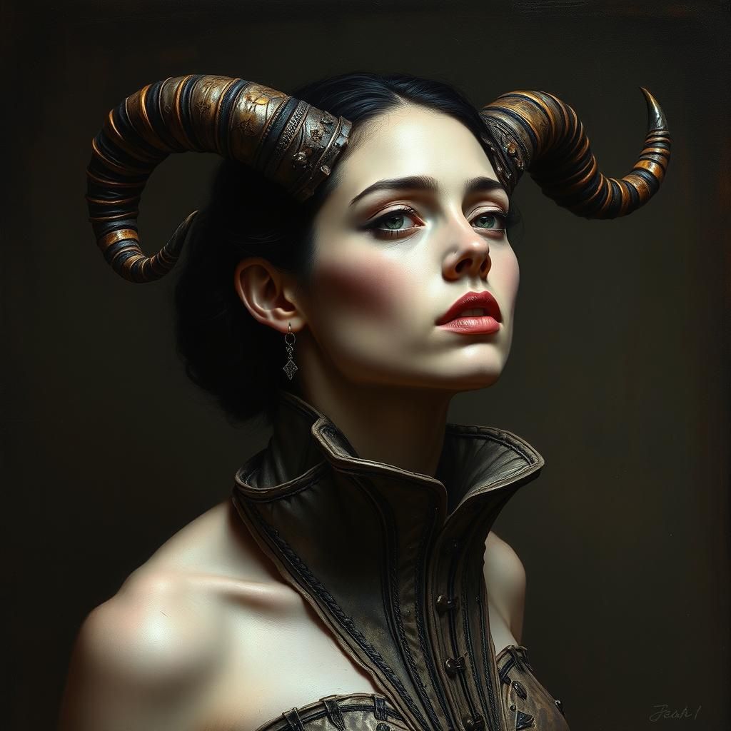 Surreal Horned Woman Portrait in Dark Fantasy Style