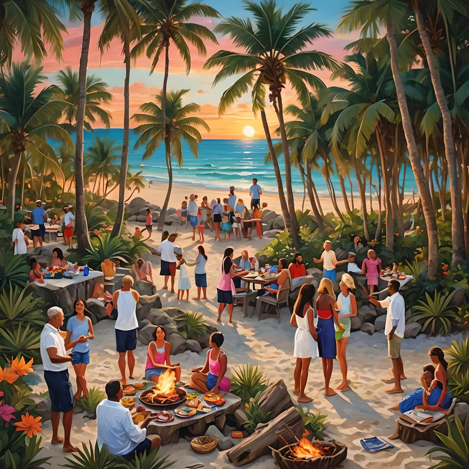 Family Barbecue at Sunset: Detailed Matte Painting