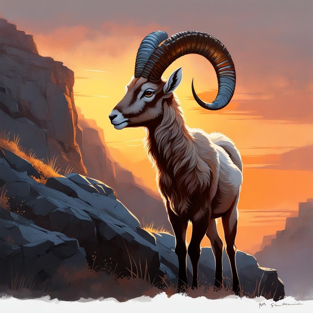 Whimsical Baby Ibex on Rocky Cliff in Sunset