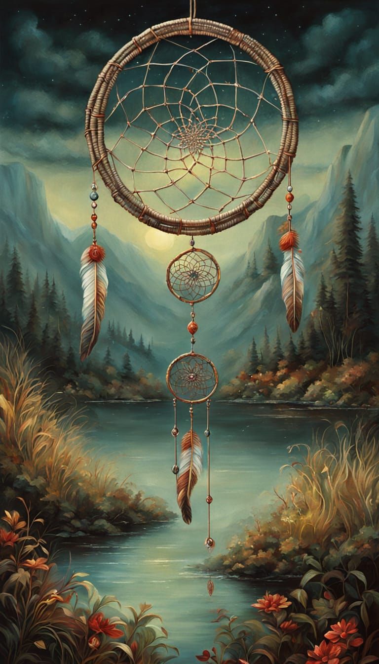 Ornate Dreamcatcher Oil Painting in Art Nouveau Style