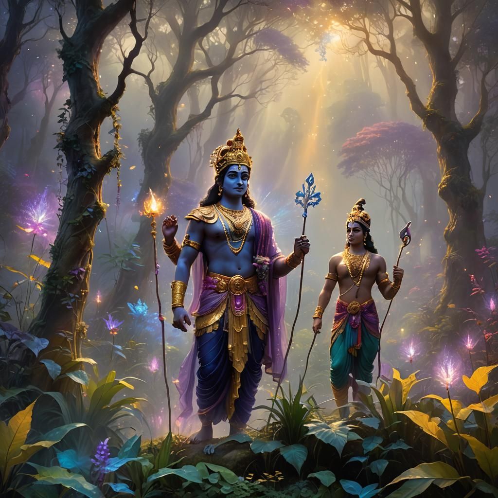 Krishna and Arjuna in Misty Forest, Ethereal Style