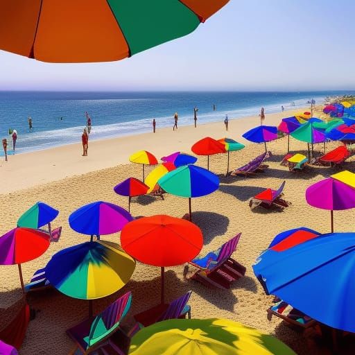 Hyperrealistic Beach Scene with Colorful Umbrellas