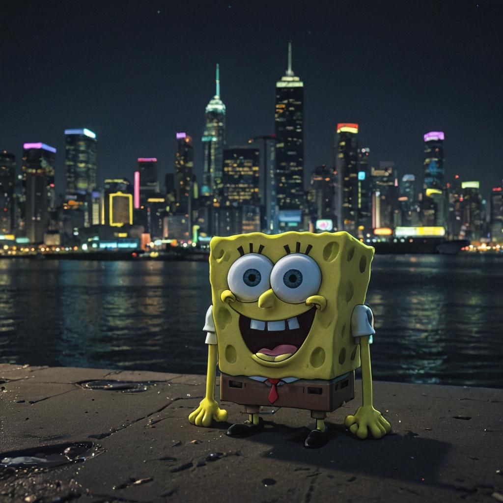 Sad SpongeBob in Neon Cityscape, Anime Style