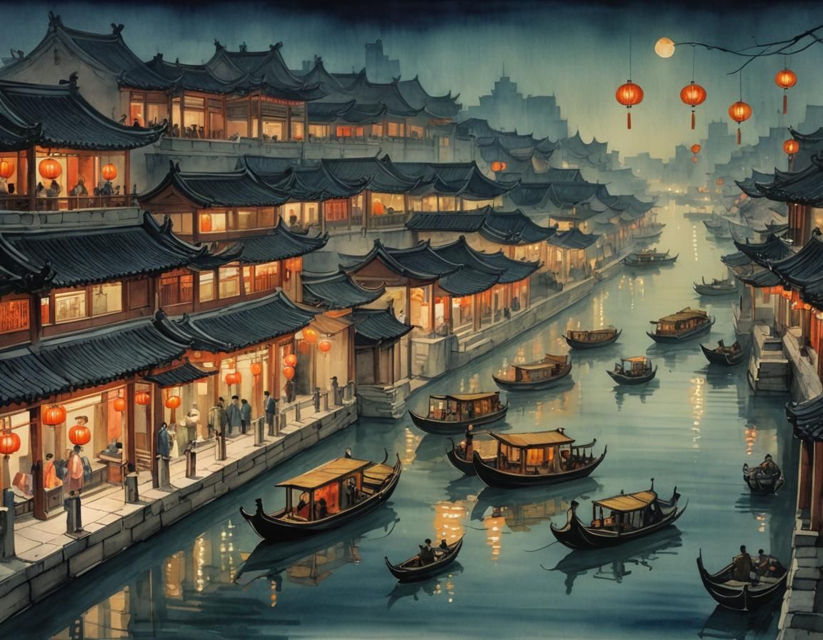 Lantern Festival on Chinese Water Channel: Watercolor