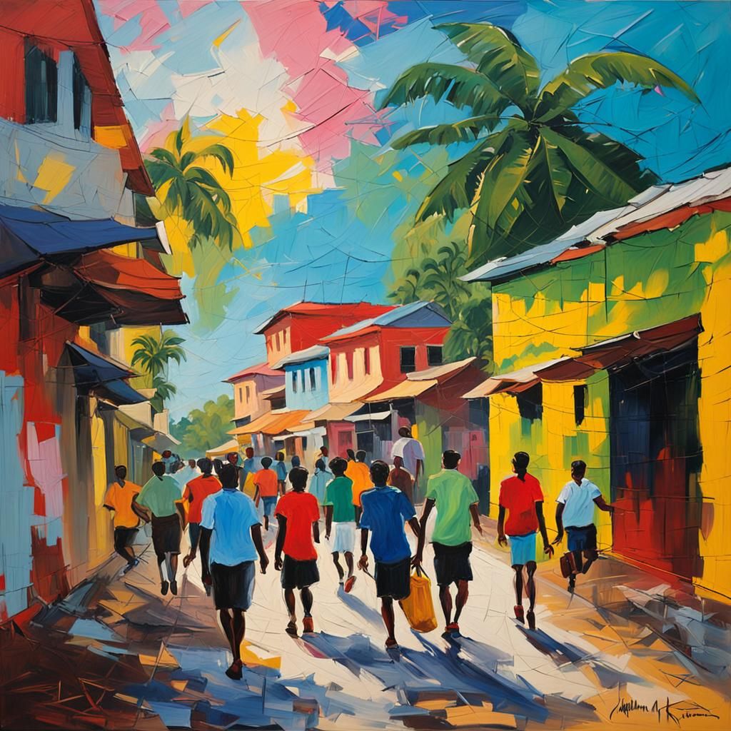 Kingston Jamaica Street Scene in Neo-Expressionism Style