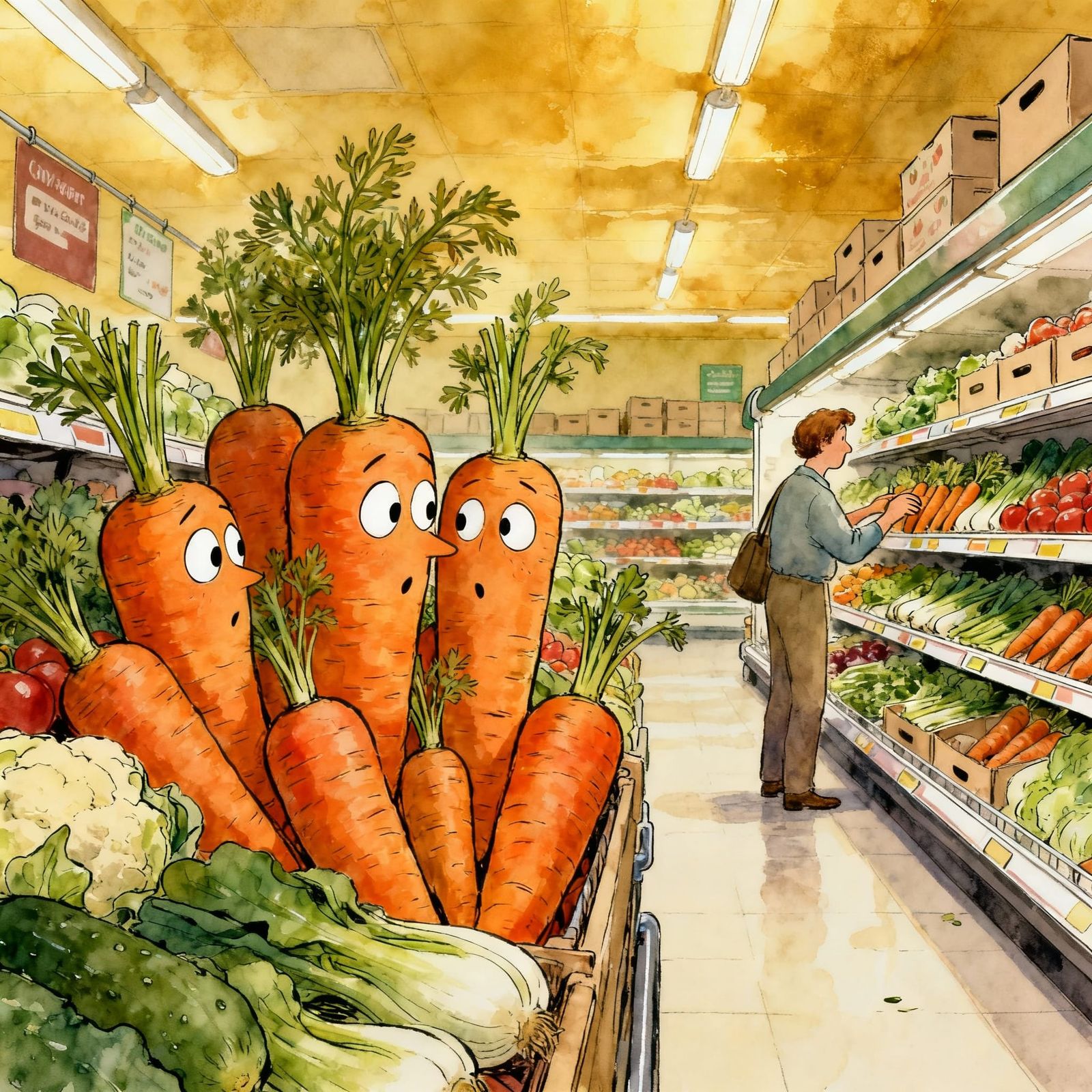 Talking Carrots' Supermarket Panic in Storybook Style