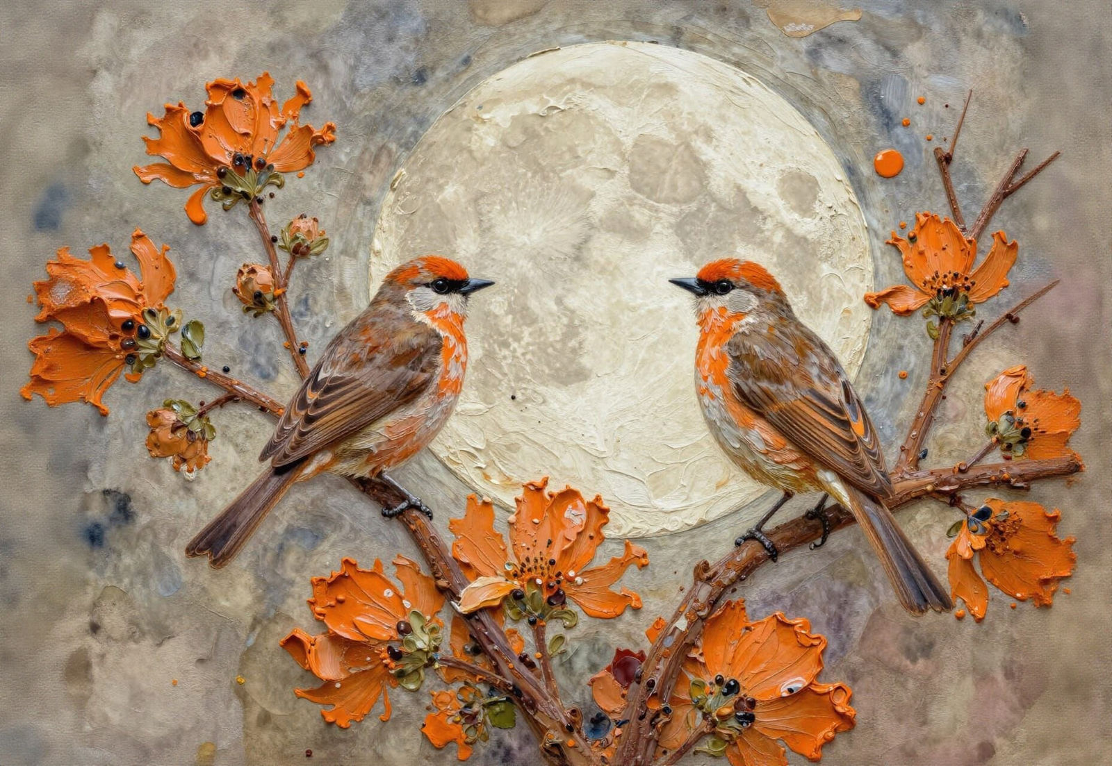 Birds on Flowers with Textured Moonlight in Impasto Style