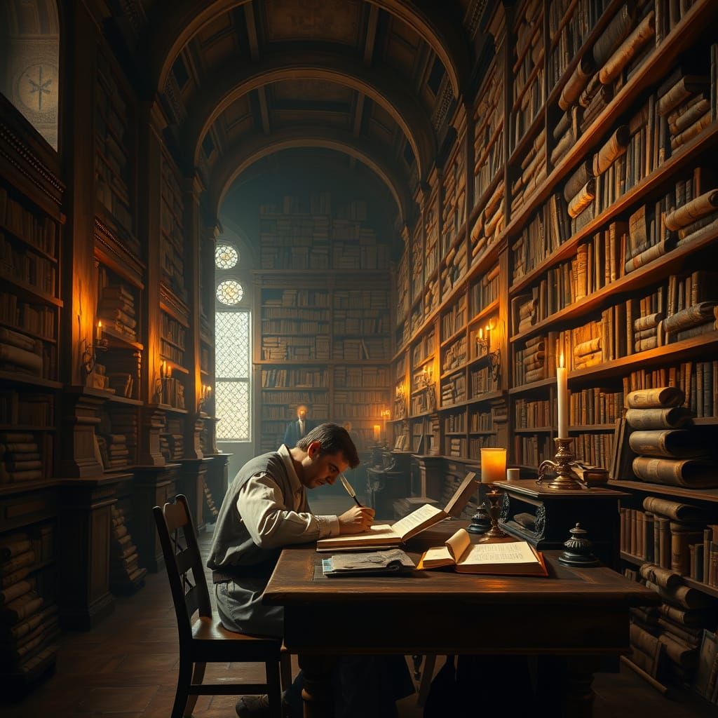 Ancient Roman Library in Vermeer Style