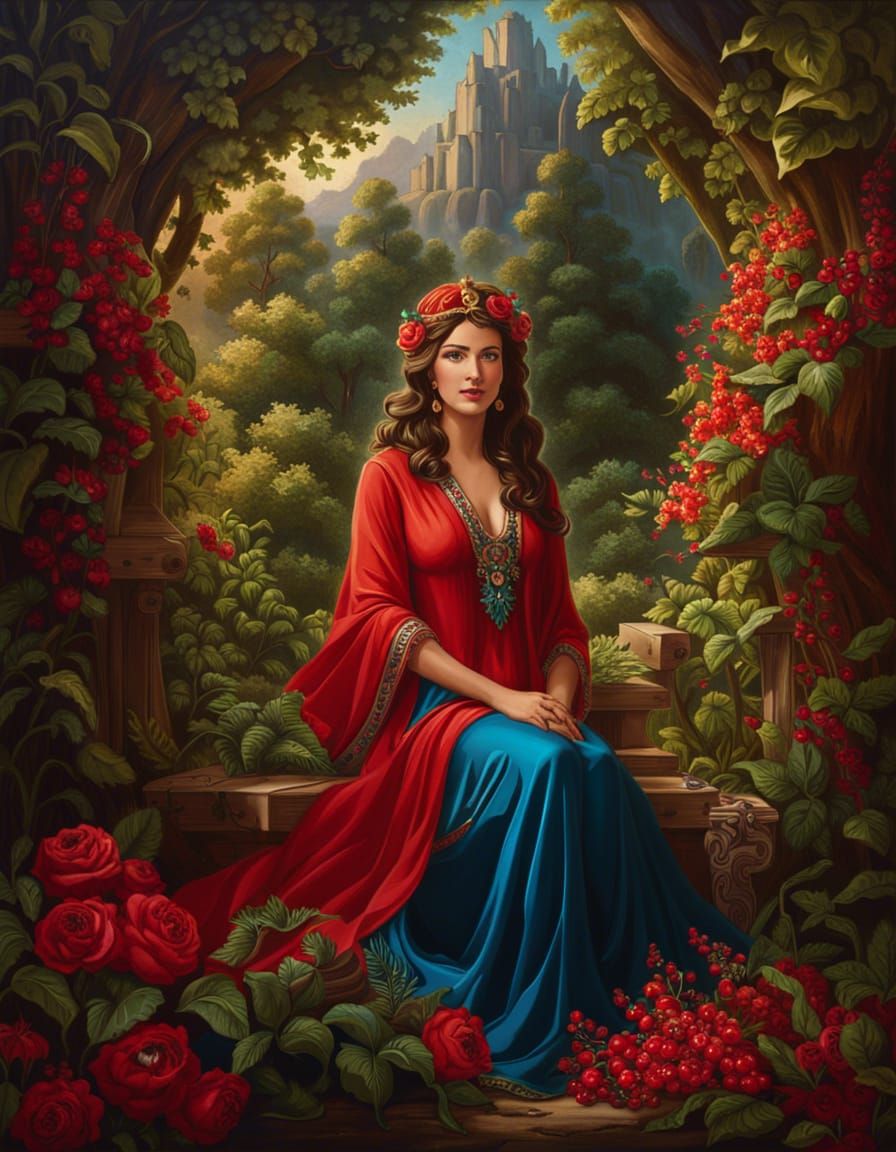Woodland Goddess in Red Satin, Ethereal Fantasy Art