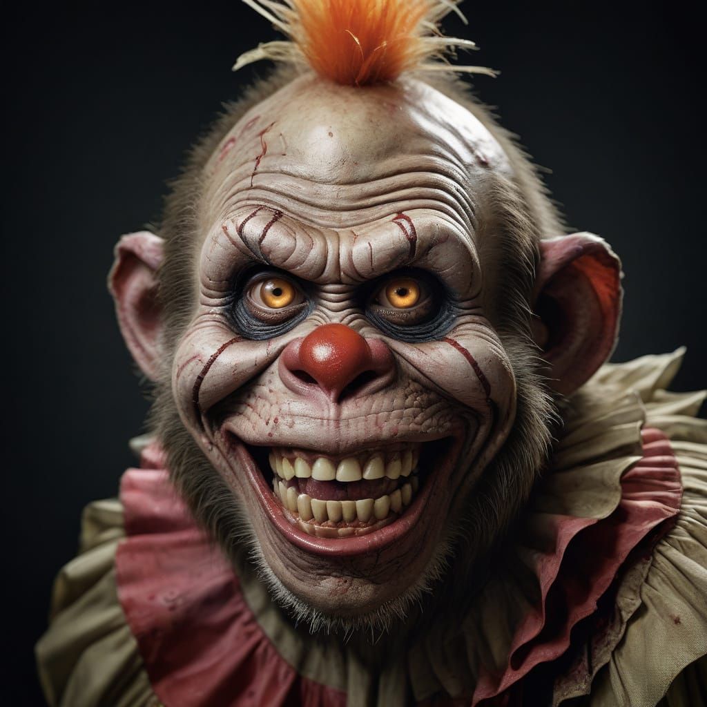 Cyberpunk Zombie Monkey Grins Idiotically in Close-Up Portra...